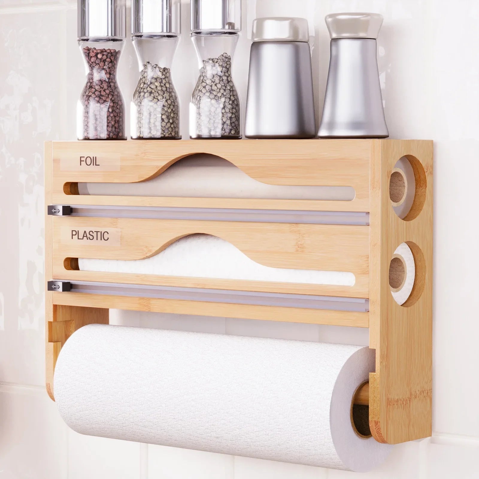 Wall-Mounted Cling Film, Tin Foil Cutter &amp; Paper Towel Holder